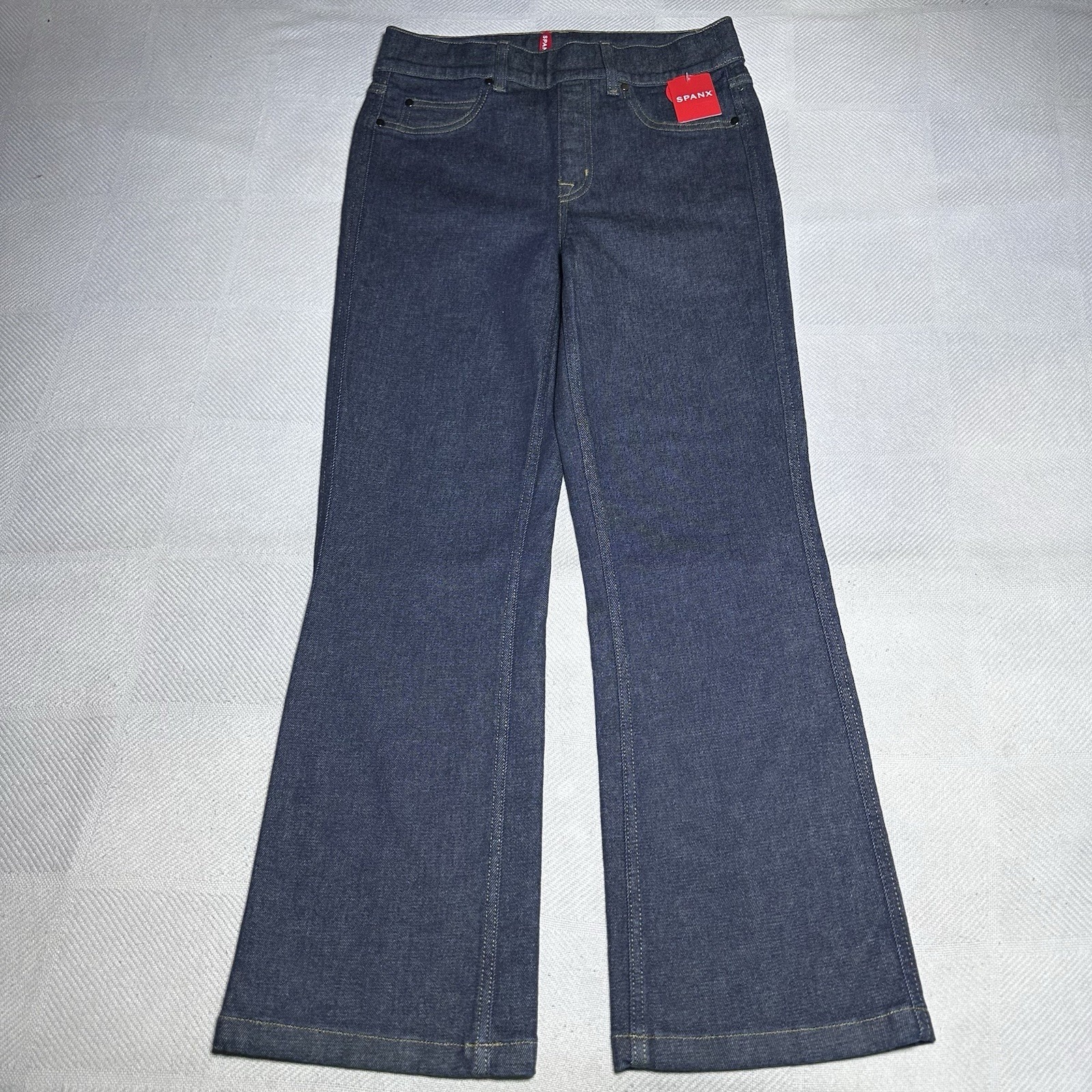 New Spanx Kick Flare Jeans Womens Medium Raw Indigo Pull On Stretch Denim Nwt